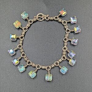 Y2K Aurora Borealis Crystal Cube Charm Bracelet – 8” Silver Tone Toggle